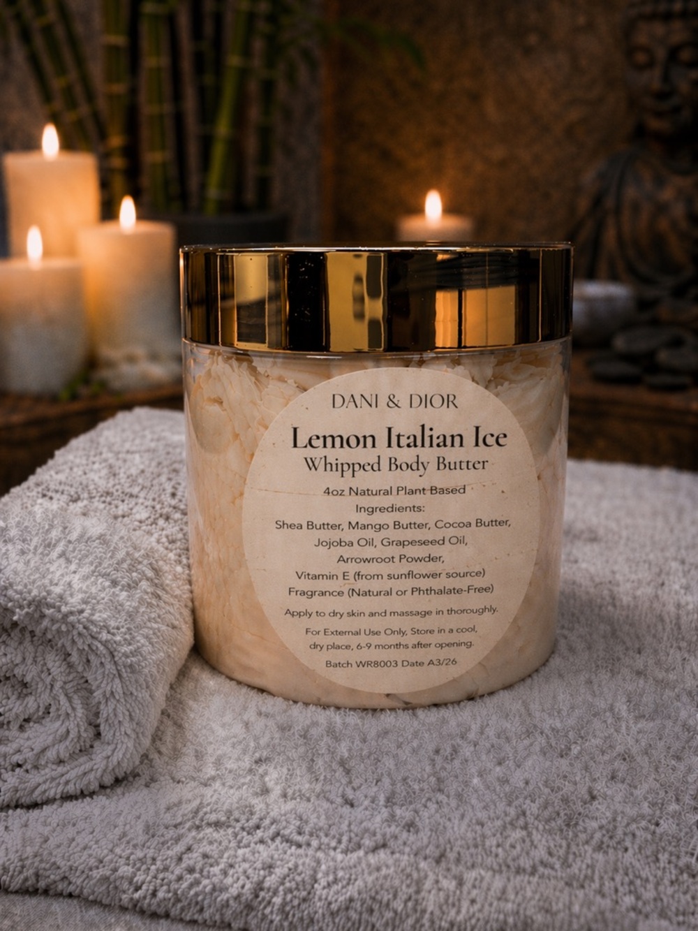 4oz Lemon Italian Ice Whipped Body Butter jar top color gold black or white